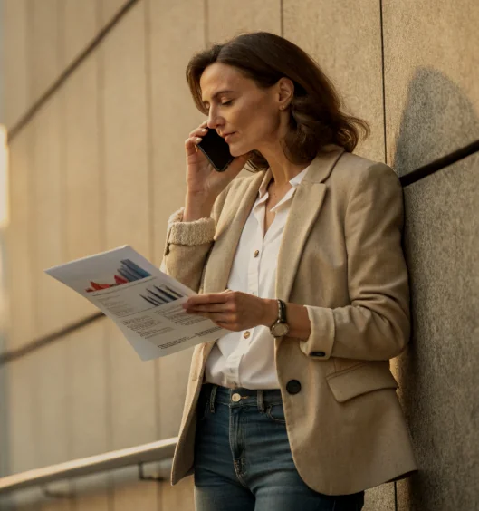 Cinematic-Portrait-of-Professional-Woman-with-Financial-Charts Professional woman on phone holding financial charts outdoors, against an urban wall background.