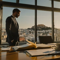 Executive-in-Modern-Office-with-Acropolis-View-in-Athens usinessman in office overlooking the Acropolis and Athens cityscape