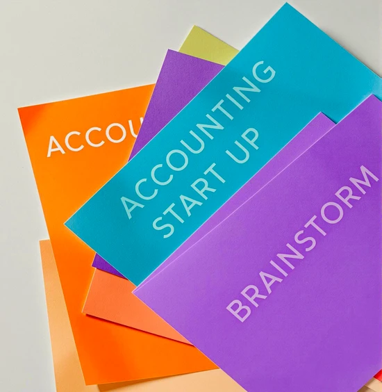 Accounting, Start Up, and Brainstorm Colorful business cards with words like Accounting, Brainstorm, and Start Up