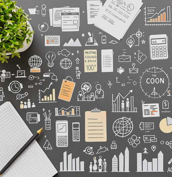 Creative Accounting and Consulting Infographic Collage Infographic collage showcasing accounting and consulting services with financial charts, graphs, and office items on a grey background.