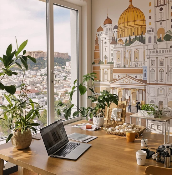 athens-office-space-with-view A cozy office workspace with a view of the Acropolis, featuring a wooden desk with a laptop, coffee cup, and plants.