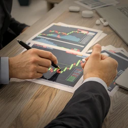 Financial Market Analysis with Printed Charts Hands pointing at printed financial market charts on a desk