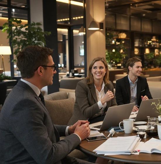 Collaborative Business Meeting with Laptops Business professionals in a meeting, discussing ideas around a table with laptops and documents.