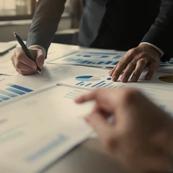 Analyzing Financial Data in a Collaborative Setting Business professionals reviewing financial analytics and reports.