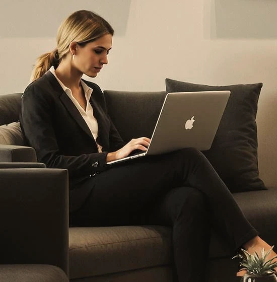 Professional Businesswoman Working on Laptop Businesswoman in a suit working on a laptop, seated on a comfortable sofa.