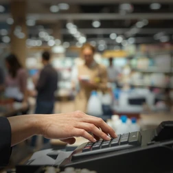 Retail Cashier at Work Cashier’s hand pressing keys on a cash register in a busy retail environment.