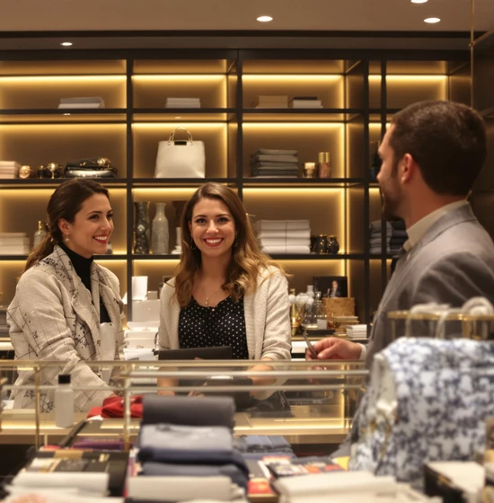 retail-customer-service-interaction Friendly interaction between retail staff and customers at a luxury store counter.